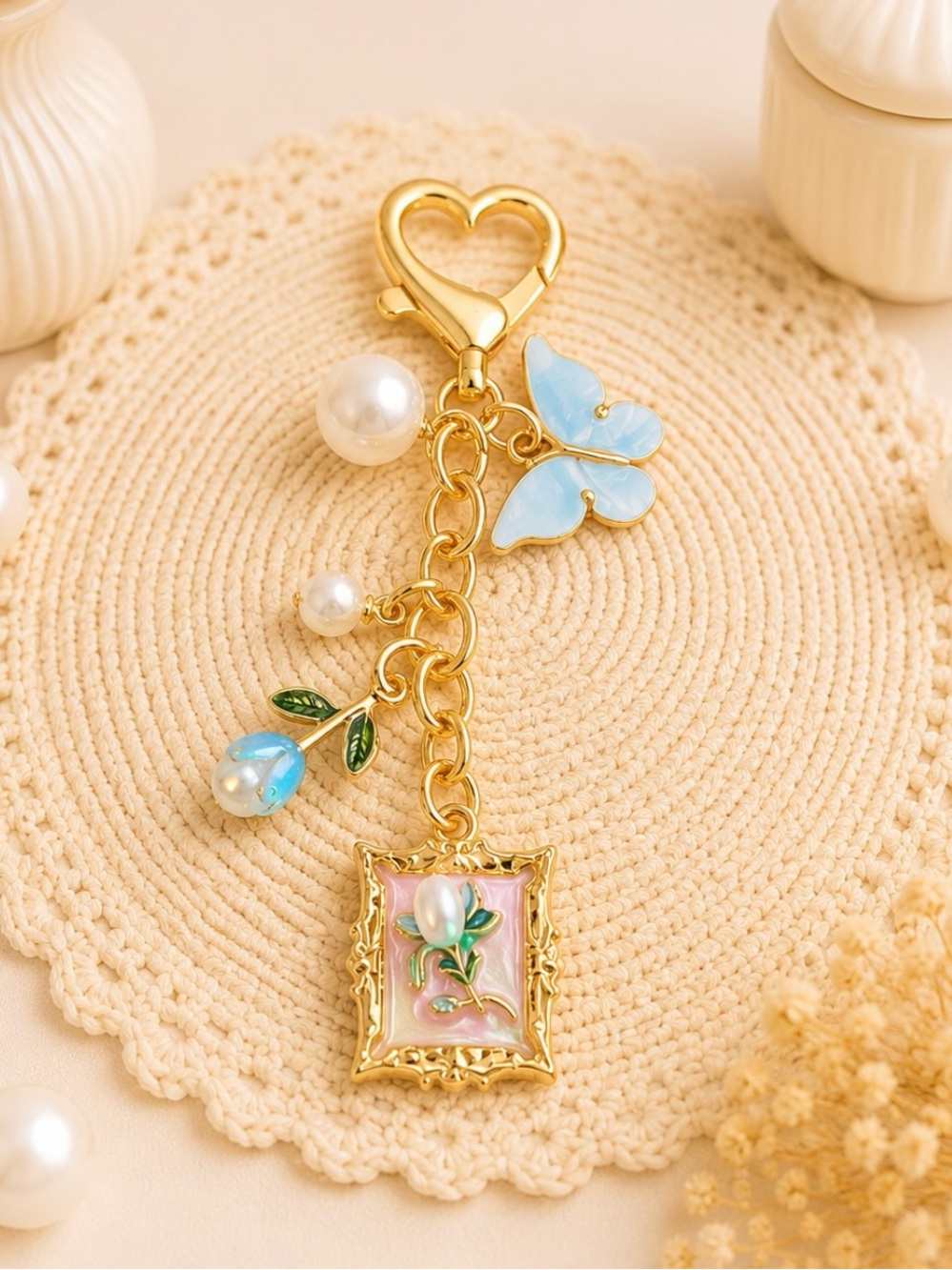 Bag Charm/Keyring-Pink and Blue Enamel Flower & Butterfly Charm-Gold Hardware